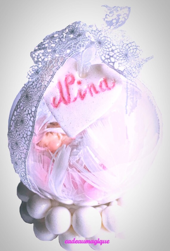 mobile ball with baby -Nina- on white support in fimo: glamorous deco