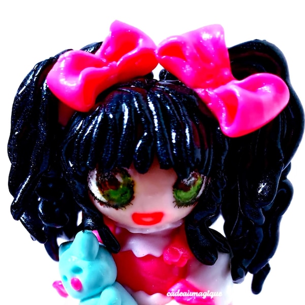 fille kawaii, sweet lolita robe rose en fimo : figurine décoration