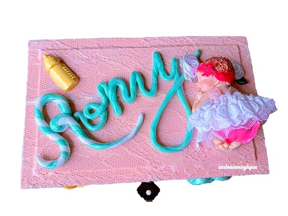 Baby girl wooden box fimo first name: birth gift personalizes