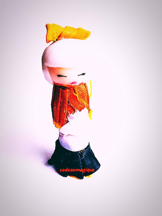 fimo doll, black pleated skirt white glitter hair: gift girl