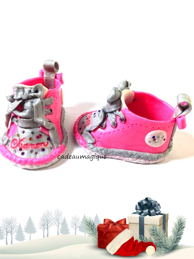 baby girl shoes fushia and gray in fimo: personalized birth gift image 3