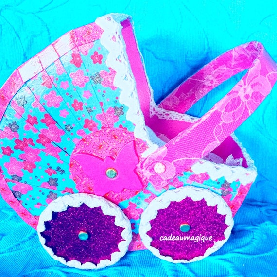 cardboard fushia flower miniature pram: glamorous little girl gift