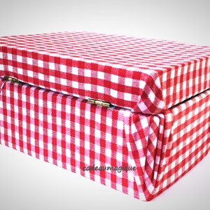 vintage vichy red suitcase, cardboard storage box: gift box image 8