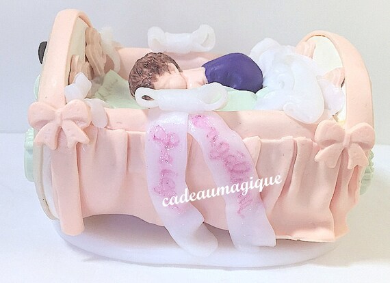 bed with baby boy pastel tones in fimo - personalized gift
