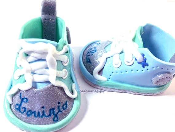 baby sneakers green grey blue in fimo: personalized birth gift