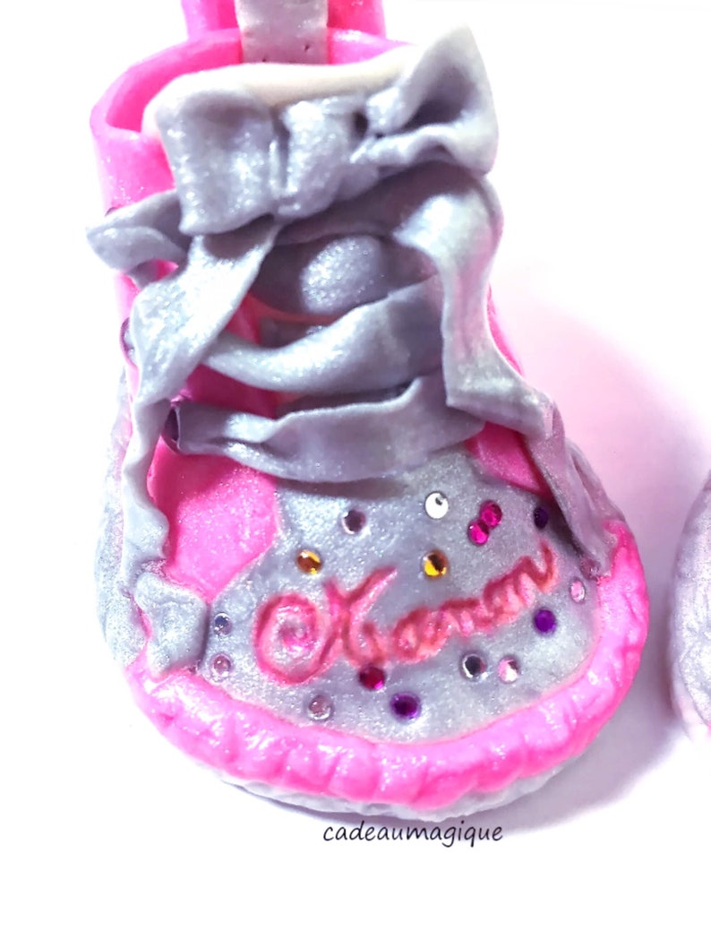 baby girl shoes fushia and gray in fimo: personalized birth gift image 7