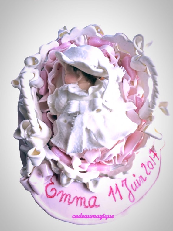 custom base with baby girl in fimo lace dress: table decorations