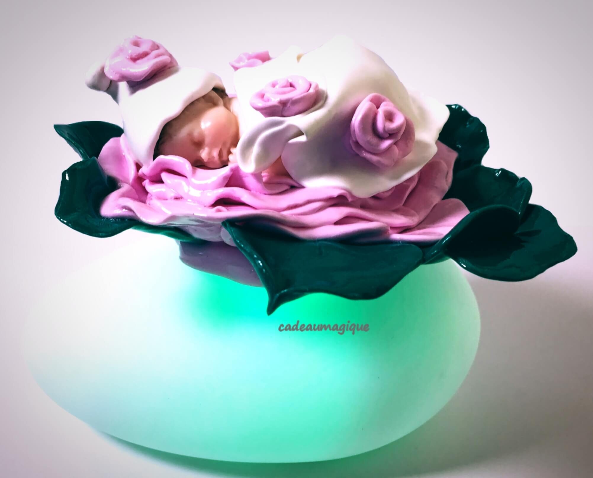 Nouveau Né Dans Rose en Fimo sur Galet Led Veilleuse Bébé Décorative