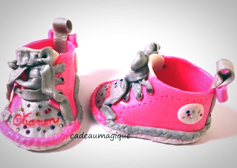 baby girl shoes fushia and gray in fimo: personalized birth gift image 1