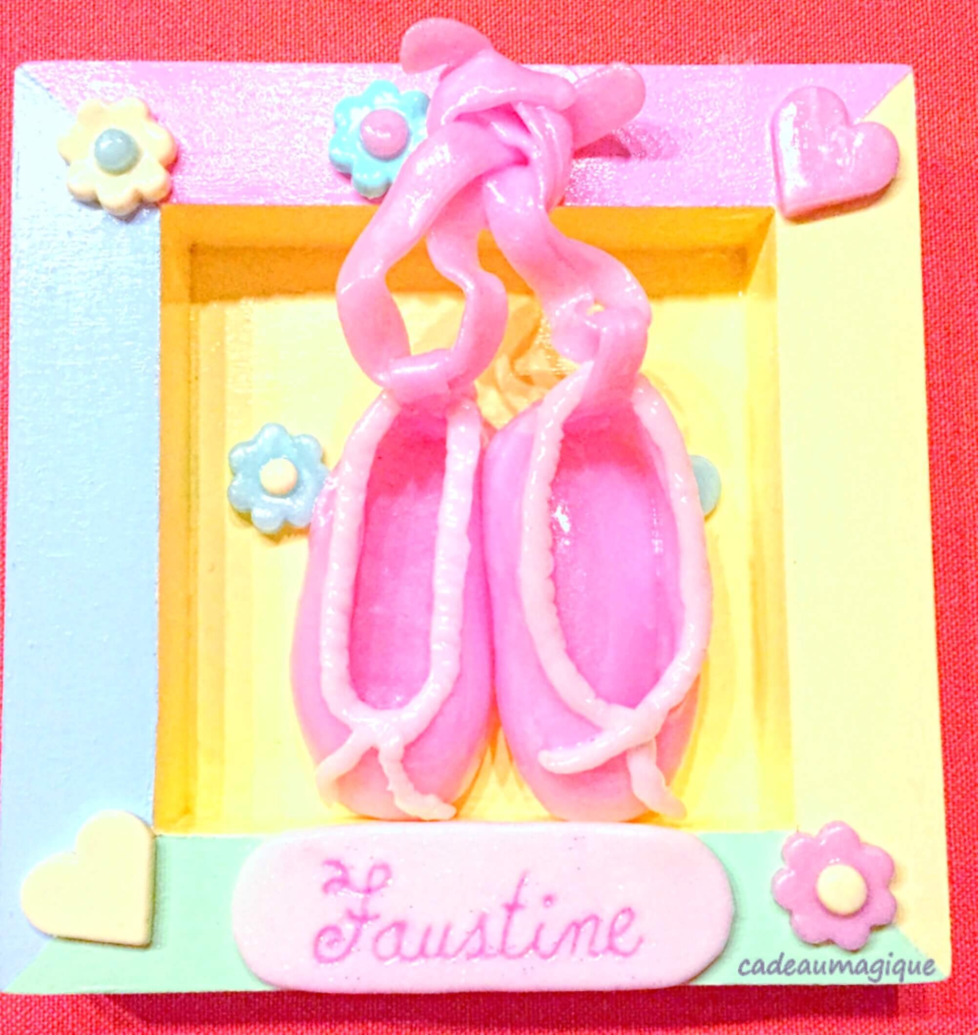 Cadre Bois Pastel avec Ballerine Rose en Fimo Decoration Chambre Fille