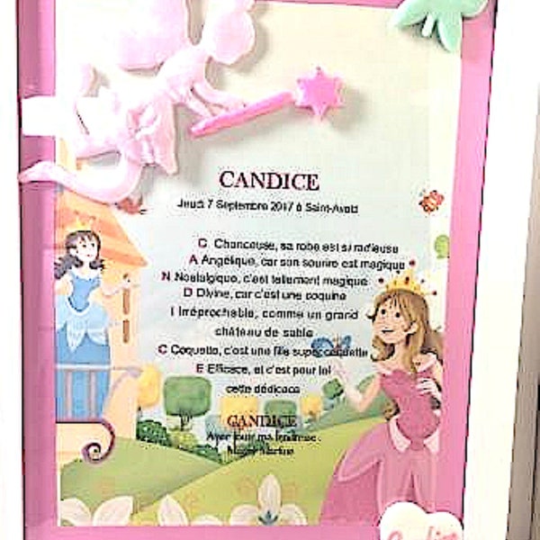 cadre blanc, poème prénom, fée en fimo : deco murale thème princesse