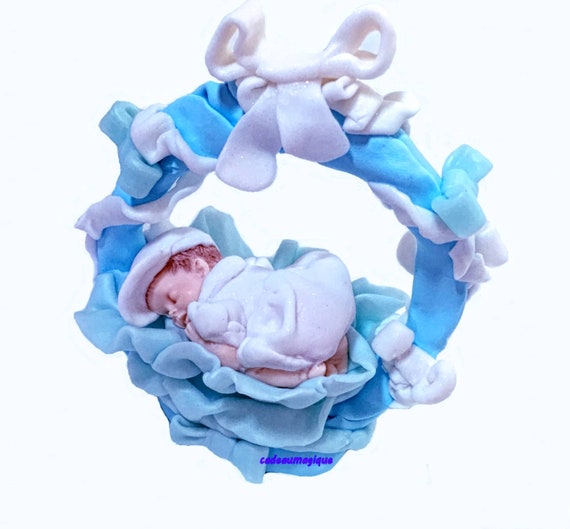 fimo figurine - miniature bebe round basket - birth gift personalizes boy