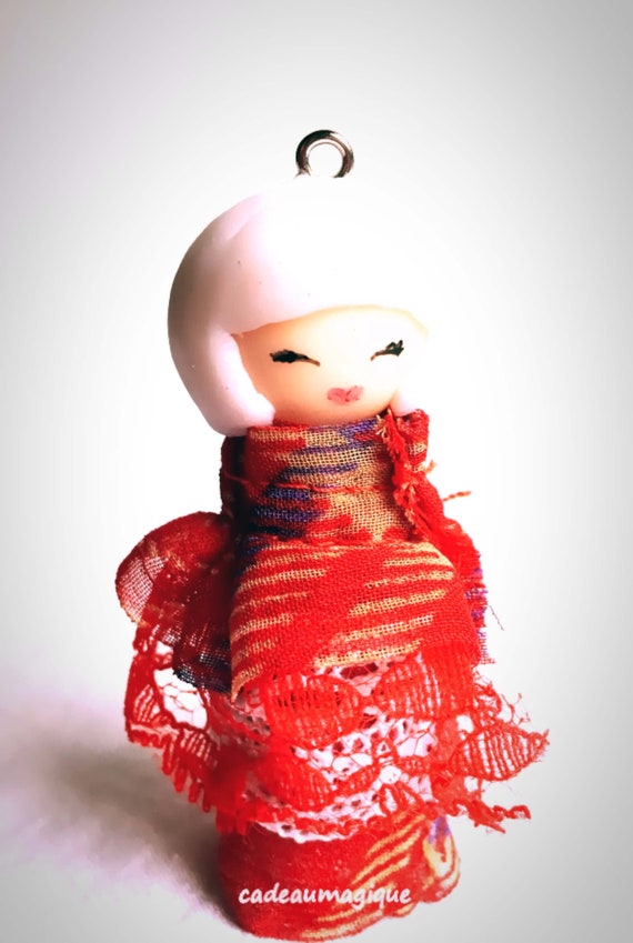 Kokeshi Doll In Japanese Kimono Fimo Red Fabric Figurine Etsy