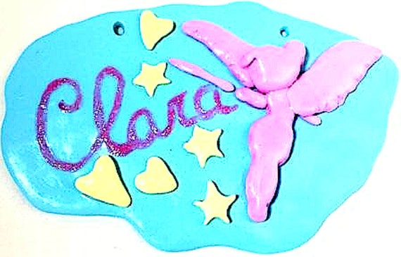 Pink fairy name holder plate, fimo magic wand: fairy decoration