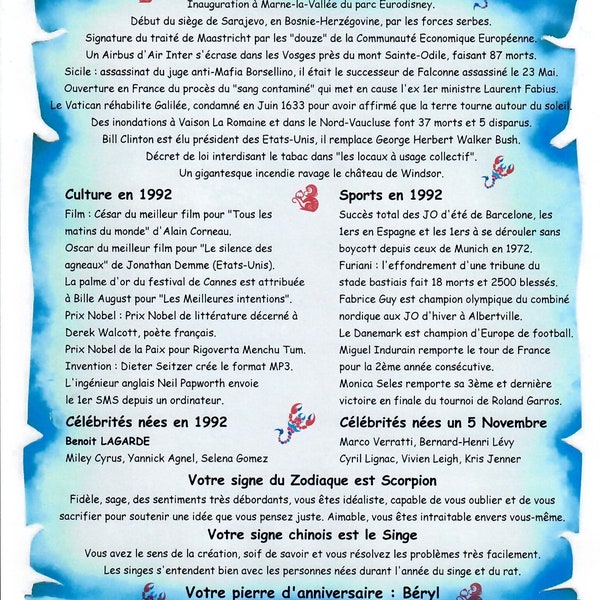 journal de naissance personnalisé - parchemin bleu : cadeau original avec signes du zodiaque