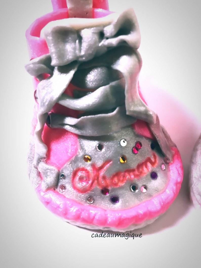 baby girl shoes fushia and gray in fimo: personalized birth gift image 2