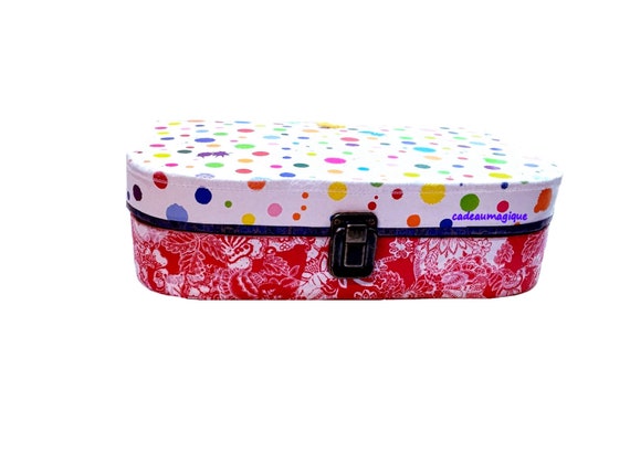 vintage cardboard suitcase - multicolored peas - chick deco - gift box - child