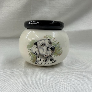 Peut inclure: Un pot en céramique blanc avec un couvercle noir. Le pot présente un portrait détaillé d'un chien dalmatien avec des taches noires et un fond vert et marron.