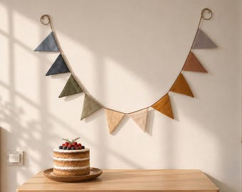 Neutral Linen Bunting Garland, Soft Cream Baby Shower Decor, Minimalist Nursery Banner