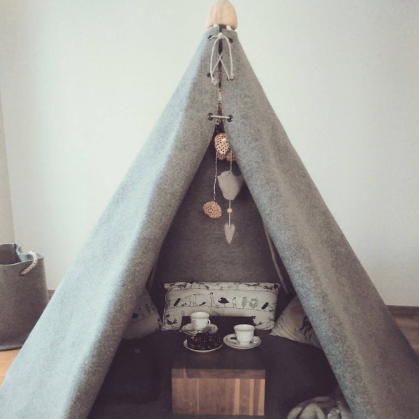 Grey teepee tent for kids from wool with poles and mat
