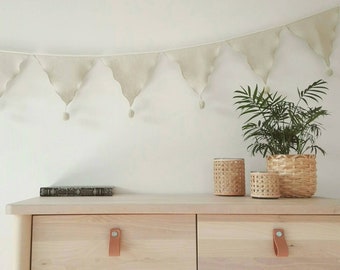 Off white linen bunting garland with pom poms / bells