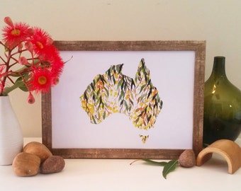 Australian Wattle Watercolour Art Print. Australia Map Outline, Wall art, Australiana home decor, office print, Native Flora Floral Emblem