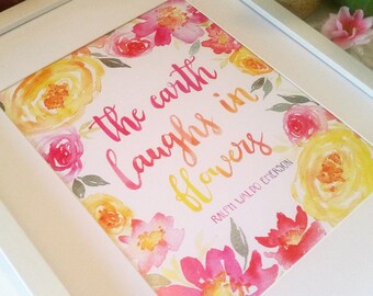 The Earth Laughs in Flowers Watercolor Print, decoración del hogar, cita inspiradora, Ralph Waldo Emerson, motivacional, arte de pared, impresión de arte