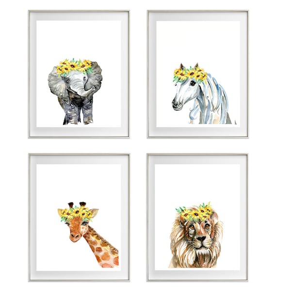 Animaux avec des impressions d'art de couronnes de tournesol, ensemble de 4. Portraits d'animaux de couronne de fleur d'aquarelle, cheval de licorne de Wombat Koala, art de pépinière de filles