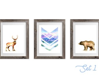 Woodland Nursery Art Set (3) Watercolour painting prints - Deer, Bear, Chevron Mountains, Nursery prints, wall art, Bible quote, Canada art