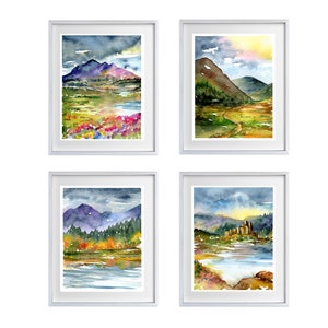 Scottish Landscape Watercolour Prints set of 4. Scotland painting Art poster, colourful mountain lakes picture, clouds outdoors wall art image 1