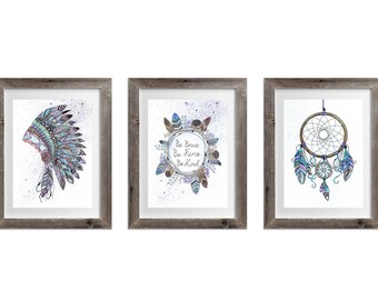 Tribal Zentangle Set (3) Impresiones de pintura de acuarela - atrapasueños, tocado, Be Brave Be Fierce Be Kind, Purple, Nursery prints, wall art