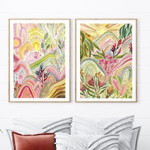 Abstract Rainbows Art Prints set of 2, Modern Australian Landscape and flowers, Protea, Aussie flora painting, sunrise mountains artwork
