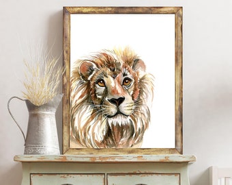 Lejonkonsttryck, vänligt lejonmålning, safaribarnrumskonst, djurkonsttryck, modern affischillustration, zoo, babyshowerpresent, väggkonst