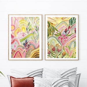 Abstract Rainbows Art Prints set of 2, Modern Australian Landscape and flowers, Protea, Aussie flora painting, sunrise mountains artwork