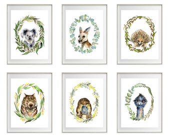 Australian Native Animals in Gumleaf Wreaths, Aussie Nursery Art Prints, set of 6, Koala Kangaroo, Echidna, Emu, Platypus, Watercolor Wombat
