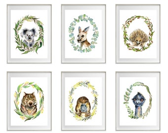 Australian Native Animals in Gumleaf Wreaths, Aussie Nursery Art Prints, set of 6, Koala Kangaroo, Echidna, Emu, Platypus, Watercolor Wombat