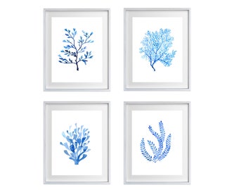 Coral Botanical Blue Watercolour Prints - set of 4. Under the Sea painting Art Prints, poster, Hamptons style Home decor, monochrome sea art