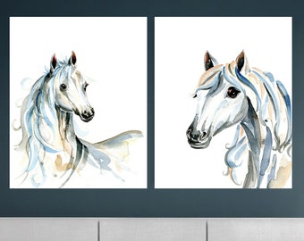 Horse Art Prints, Pair, White Horses, Foal, Pony, wall art, office print, mare, filly, colt, stallion, Watercolour painting, art poster