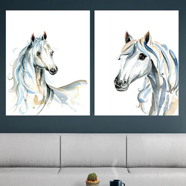 Horse Art Prints, Pair, White Horses, Foal, Pony, wall art, office print, mare, filly, colt, stallion, Watercolour painting, art poster