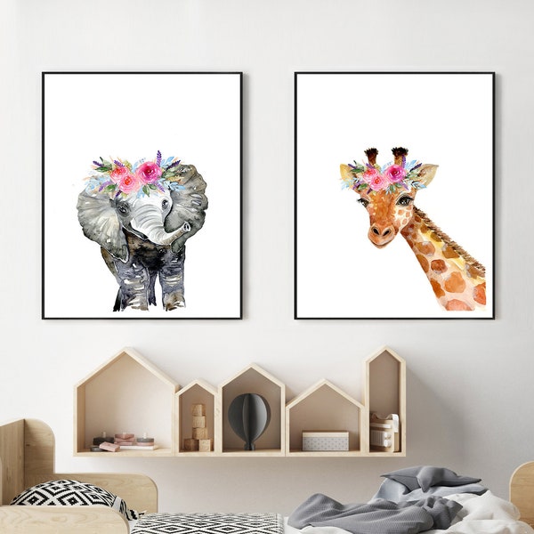 Animaux avec des couronnes de fleurs Art Prints, Lot de 2, Safari Nursery, Lion Giraffe Elephant Deer Horse, Fox, Licorne Kangourou pépinière impressions murales