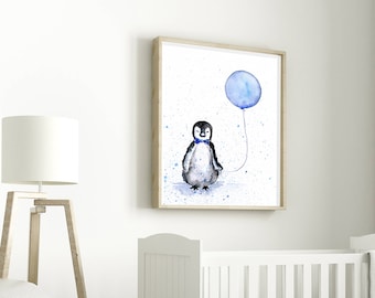 Penguin with Balloon Watercolour Print, pink blue green purple, baby boy or girl, nursery decor, children's wall art, pastel nursery art