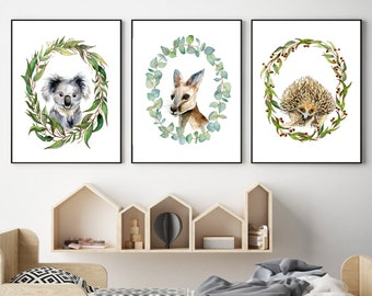 Australian Animal Art Prints, Eucalyptus leaf Wreath, set of 3, Koala Kangaroo Echidna Emu Wombat Platypus, Aussie Nursery Artwork, gumleaf