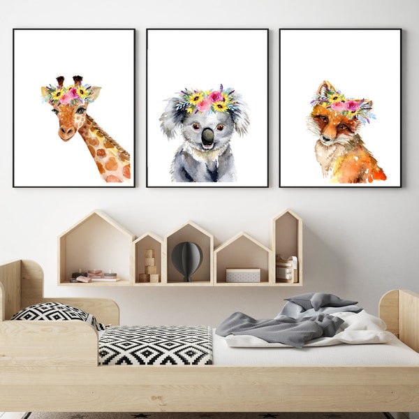 Animal Nursery Art Prints / Giraffe Koala Fox avec Flower Sunflower Crowns / Girl’s Floral Headdress Artwork / Bedroom Aquarelle peinture