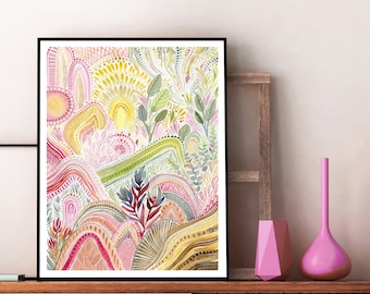 Abstract Rainbow Mountains Art Print, Modern Watercolor Decor, Floral Nature artwork, sunrise landscape, pink green impressionist landscape