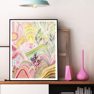 Abstract Rainbow Mountains Art Print, Modern Watercolor Decor, Floral Nature artwork, sunrise landscape, pink green impressionist landscape