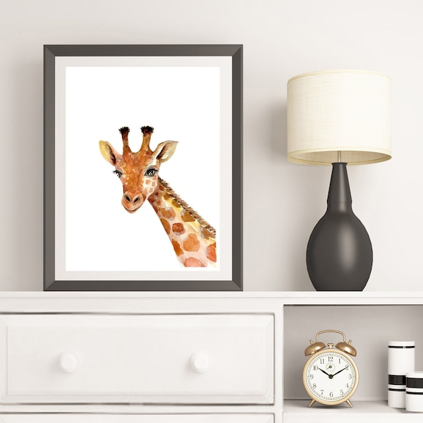 Girafe Art Print, couronne de fleurs, couronne florale, décor de pépinière fille ou garçon, animal de safari, peinture de chambre d'enfant, oeuvre murale de coiffure