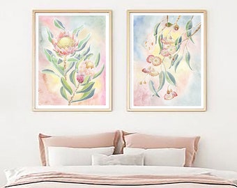 Pastel Protea & Gumblossom Art Prints set of 2, Modern Australian flowers, Proteas Gum Blossom wall decor, Aussie painting, floral artwork