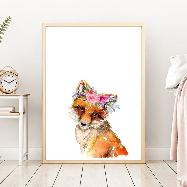 Renard avec Flower Crown Art Print, couronne florale, décor de pépinière fille ou garçon, art mural pour enfants animaux des bois, impression d'art, oeuvre de coiffure