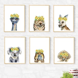 Australian Native Animals with Sunflower Flower Crowns, Nursery Art Prints, set of 6, Koala Kangaroo Echidna Emu Platypus Watercolor Wombat