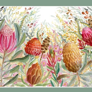 Australian Flowers Art Print, Modern Banksia Protea watercolour painting, Native Flora, Botanical Nature wall decor, landscape orientation